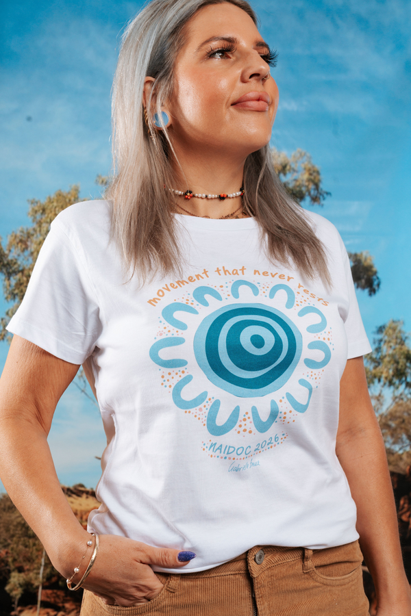Movement That Never Rests NAIDOC Week 2026 White Cotton Crew Neck Women's T-Shirt