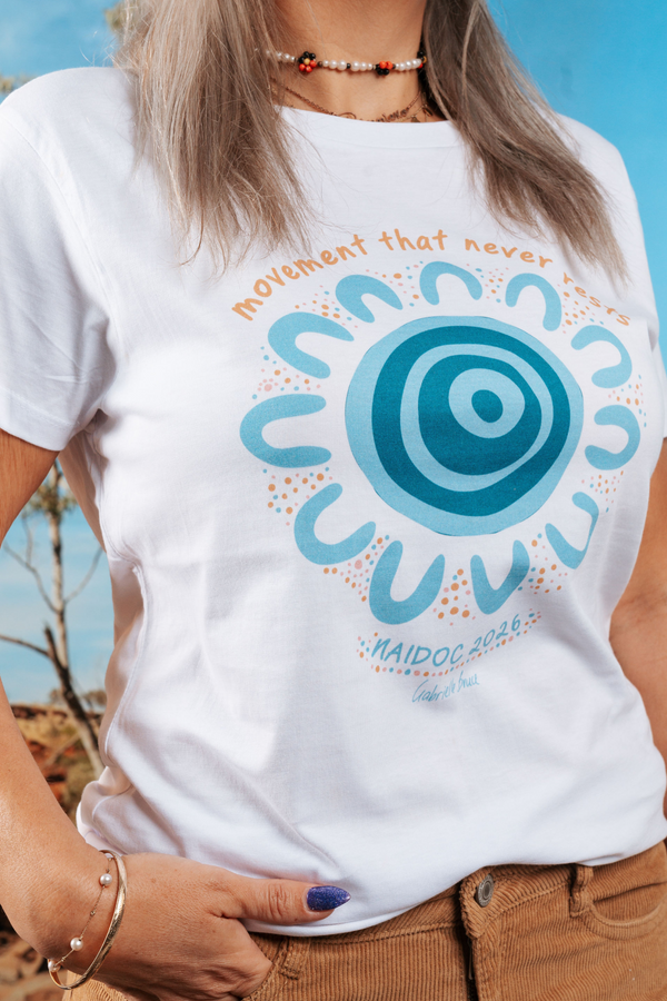 Movement That Never Rests NAIDOC Week 2026 White Cotton Crew Neck Women's T-Shirt
