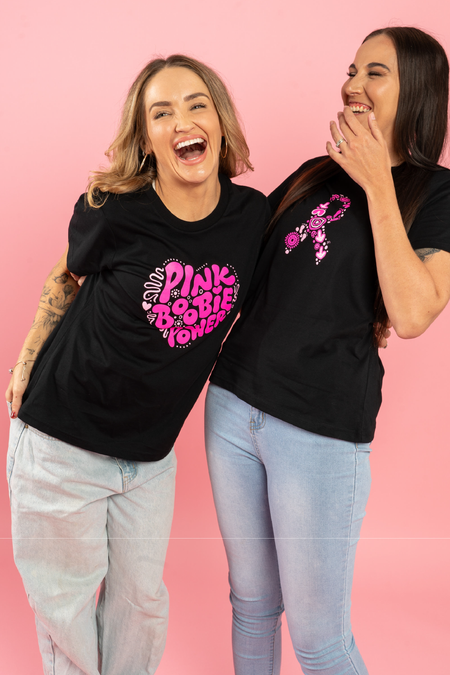 Pink Boobie Power Black Cotton Crew Neck Women's T-Shirt