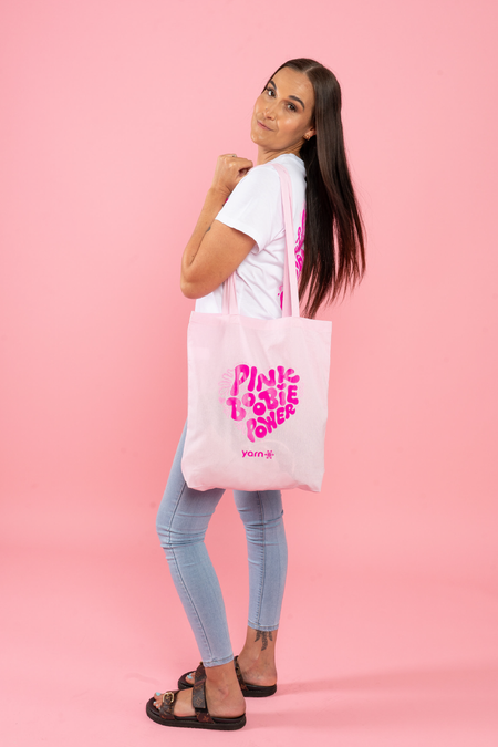 Pink Boobie Power Pink Long Handle Cotton Tote Bag