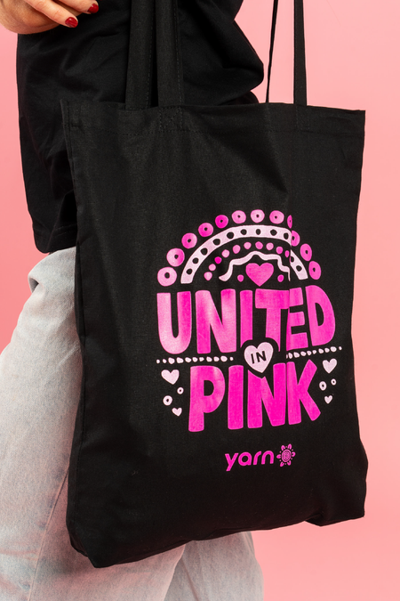 United In Pink Black Long Handle Cotton Tote Bag