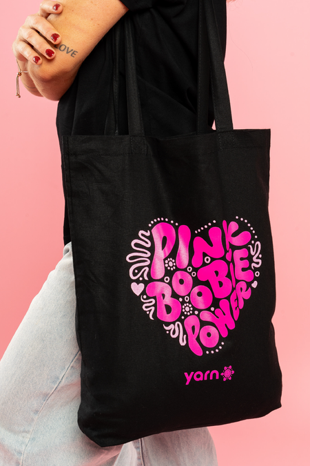 Pink Boobie Power Black Long Handle Cotton Tote Bag
