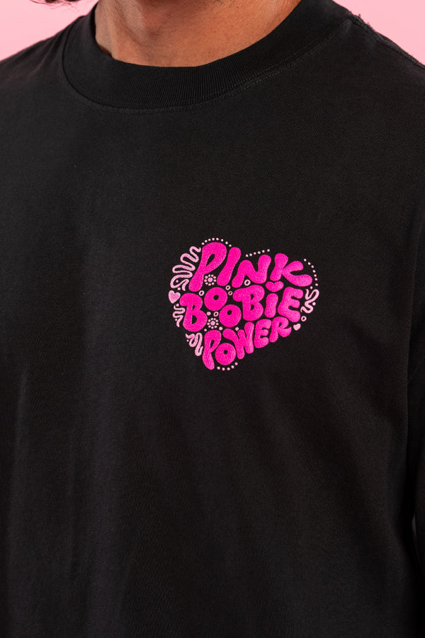 Pink Boobie Power Puff Pocket Print Heavy Faded Black Cotton Crew Neck Unisex T-Shirt