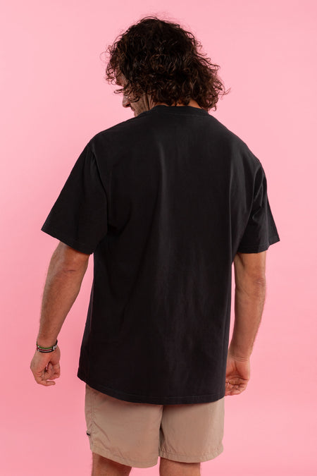 Pink Boobie Power Puff Pocket Print Heavy Faded Black Cotton Crew Neck Unisex T-Shirt