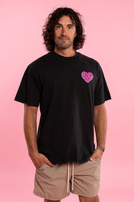 Pink Boobie Power Puff Pocket Print Heavy Faded Black Cotton Crew Neck Unisex T-Shirt