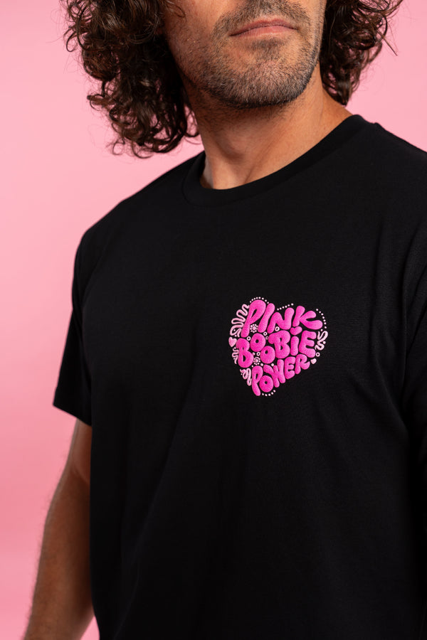 Pink Boobie Power Puff Pocket Print Black Cotton Crew Neck Unisex T-Shirt