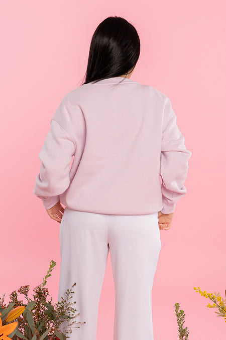 Pink Boobie Power Puff Pocket Print Orchid Cotton Blend Crew Neck Women's Sweatshirt