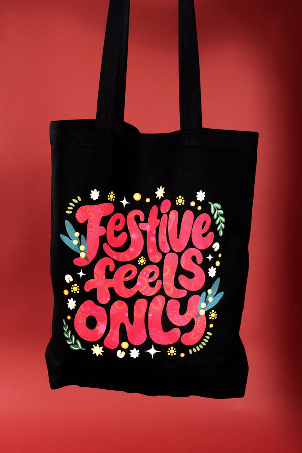 Festive Feels Only Black Long Handle Cotton Tote Bag