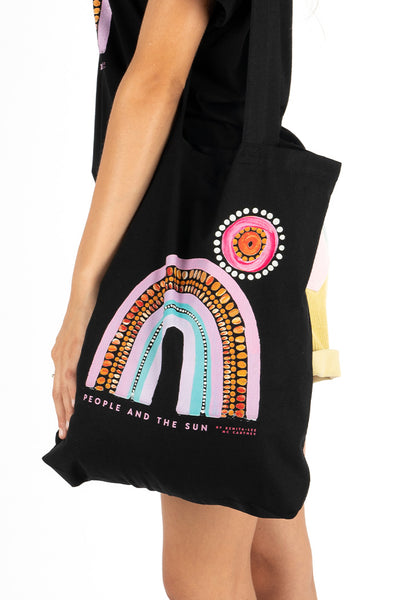 People And The Sun Black Long Handle Cotton Tote Bag