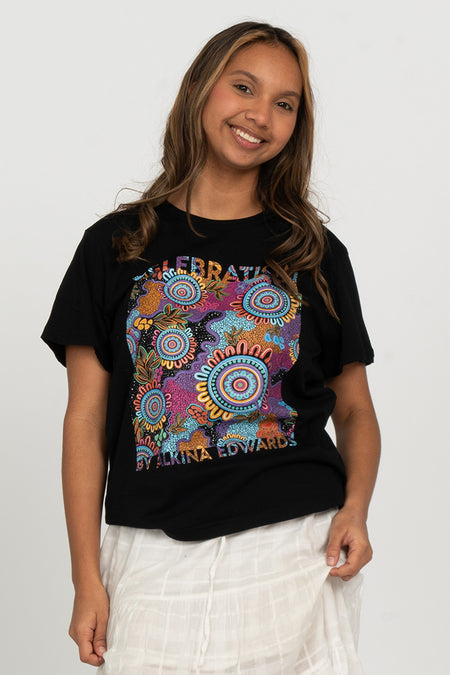 Celebration (Full Print) Black Cotton Crew Neck Women's T-Shirt
