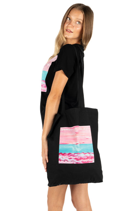 Sunset In The Bay Black Long Handle Cotton Tote Bag