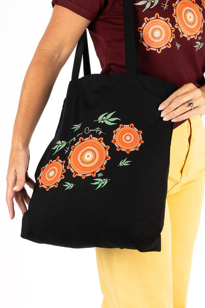 Healing On Country Black Long Handle Cotton Tote Bag