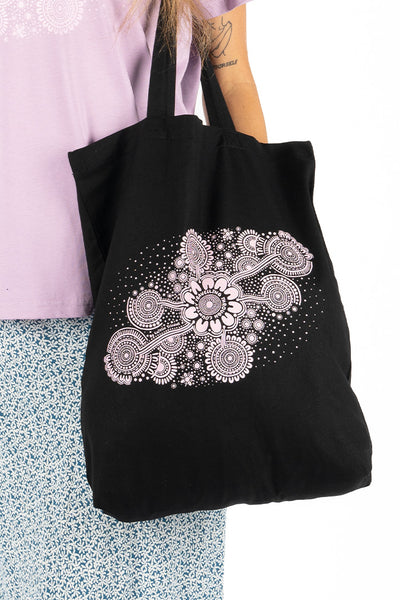 Travelling Through Country Black Long Handle Cotton Tote Bag