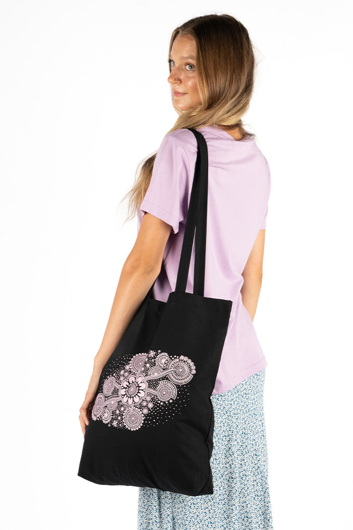 Travelling Through Country Black Long Handle Cotton Tote Bag
