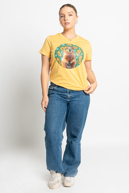 Quokka 'Australian Wildlife Conservancy' Mustard Cotton Crew Neck Women's T-Shirt