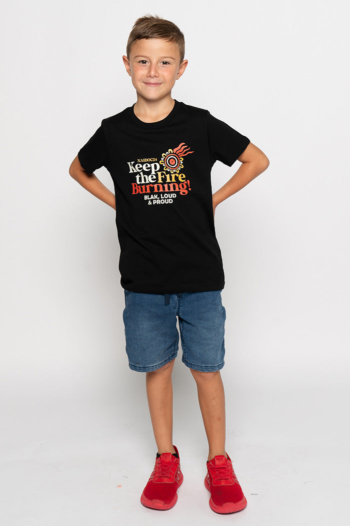 Keep The Fire Burning! NAIDOC 2024 Black Cotton Crew Neck Kids T-Shirt