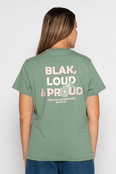 Blak, Loud & Proud Pocket Print NAIDOC 2024 Sage Cotton Crew Neck Women’s T-Shirt