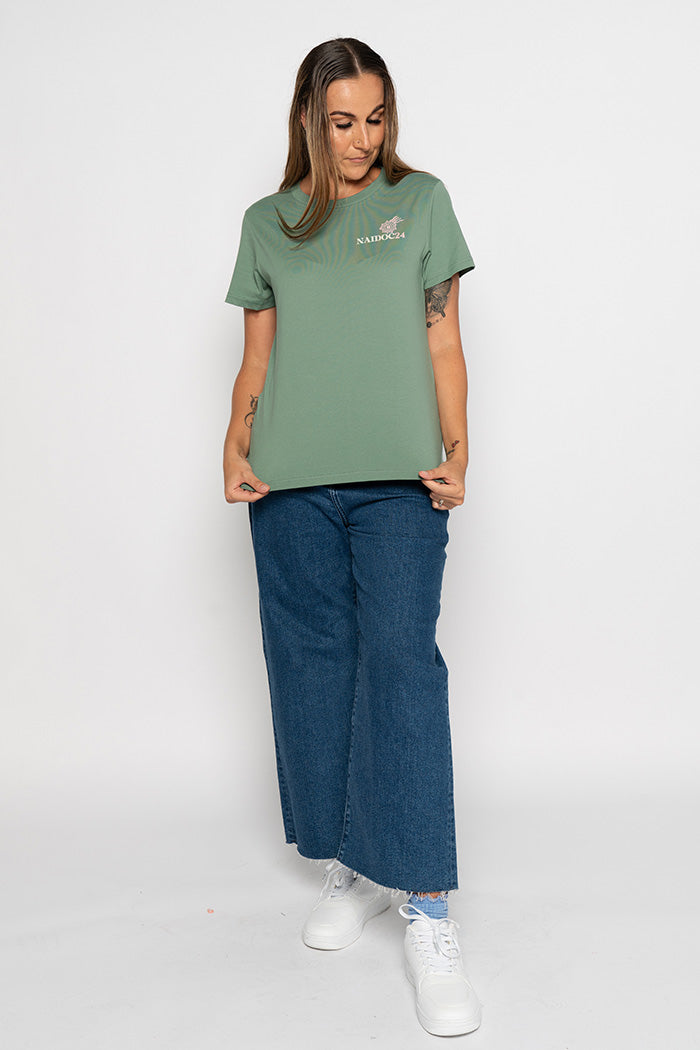 Blak, Loud & Proud Pocket Print NAIDOC 2024 Sage Cotton Crew Neck Women’s T-Shirt