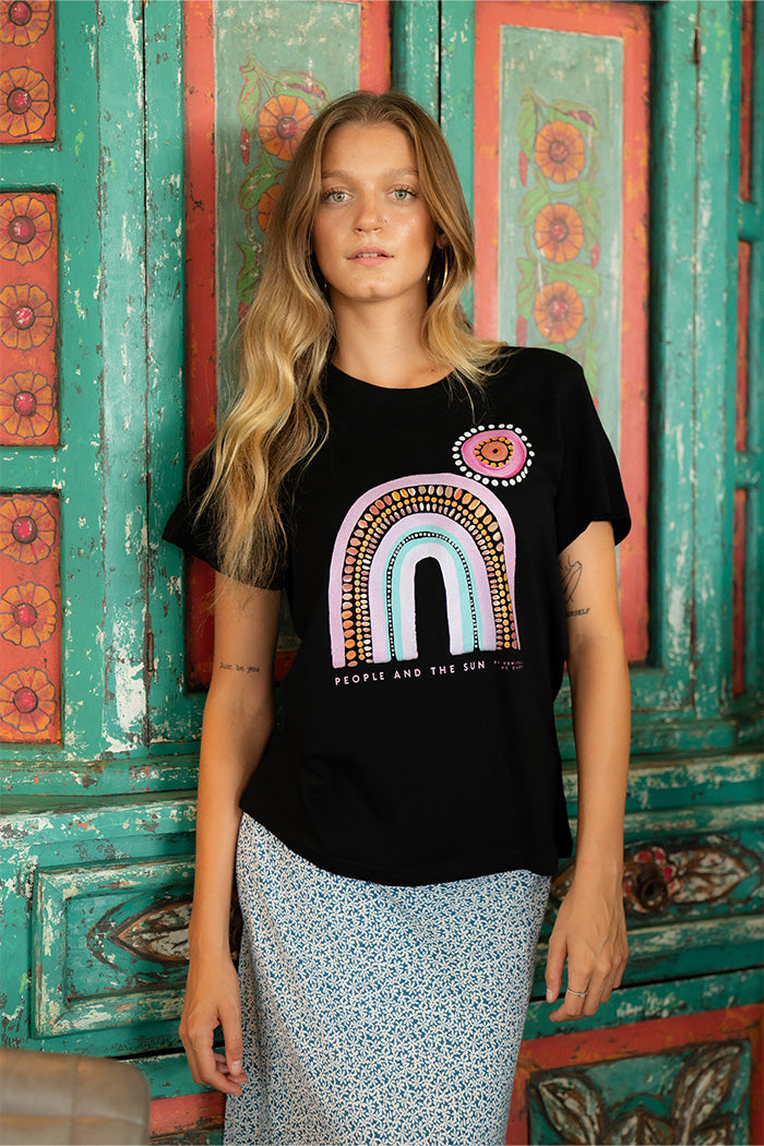 People And The Sun Black Cotton Crew Neck Women's T-Shirt