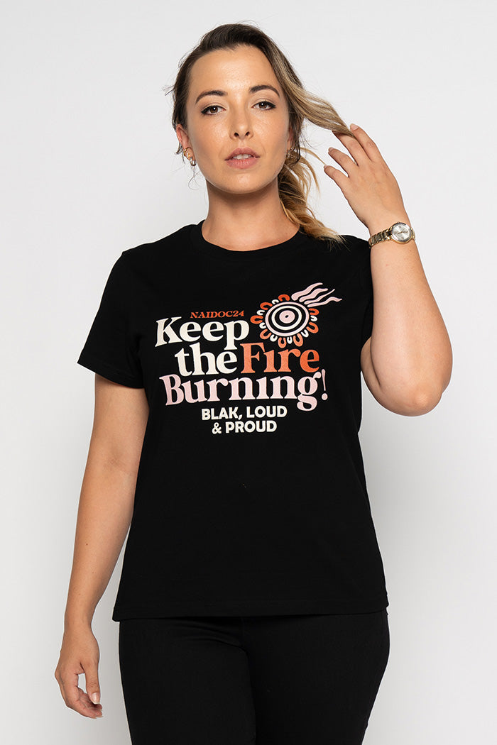 Keep The Fire Burning! NAIDOC 2024 Black Cotton Crew Neck Women’s T-Shirt