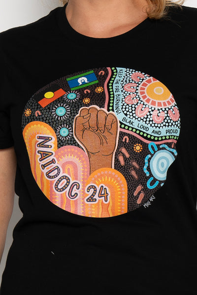 Celebrating NAIDOC 2024 Black Cotton Crew Neck Women’s T-Shirt