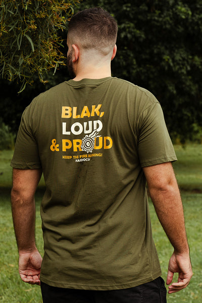 Blak, Loud & Proud Pocket Print NAIDOC 2024 Army Cotton Crew Neck Unisex T-Shirt