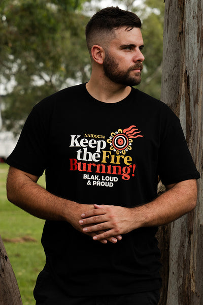 Keep The Fire Burning! NAIDOC 2024 Black Cotton Crew Neck Unisex T-Shirt