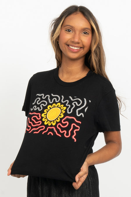 Threaded Together Flag Black Cotton Crew Neck Women's T-Shirt