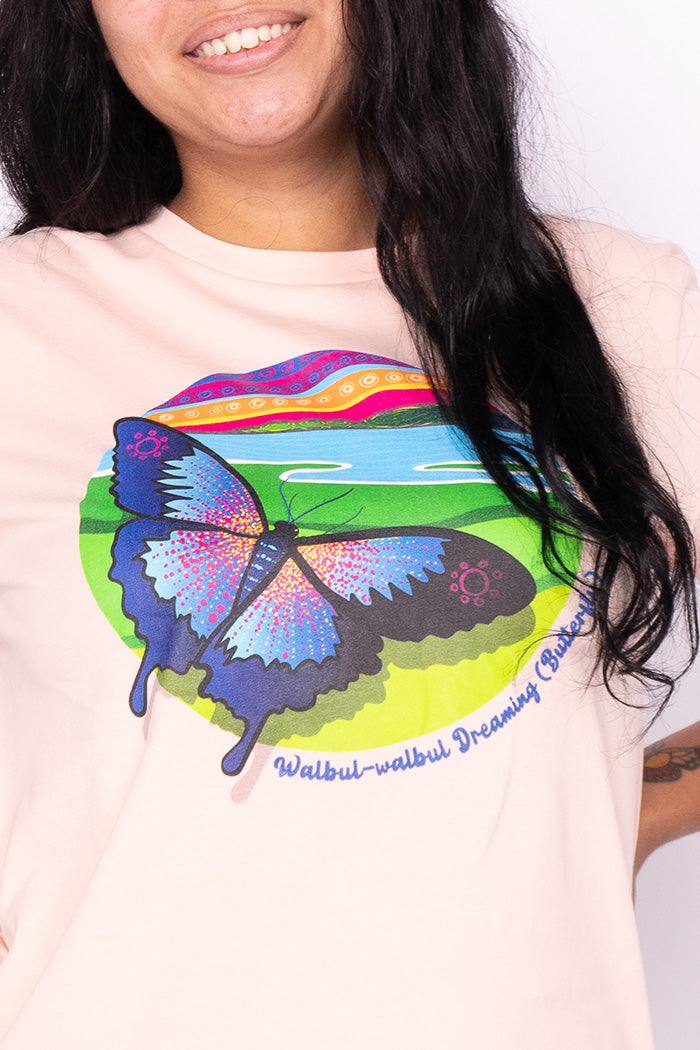 Walbul-walbul Dreaming (Butterfly) Pale Pink Cotton Crew Neck Women's T-Shirt