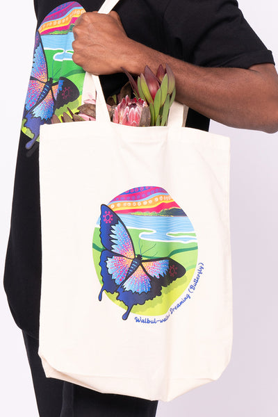 Walbul-walbul Dreaming (Butterfly) Natural Cotton Long Handle Tote Bag