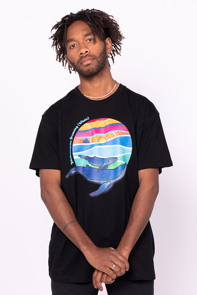 Yalmburrajaka Dreaming (Whale) Black Cotton Crew Neck Unisex T-Shirt