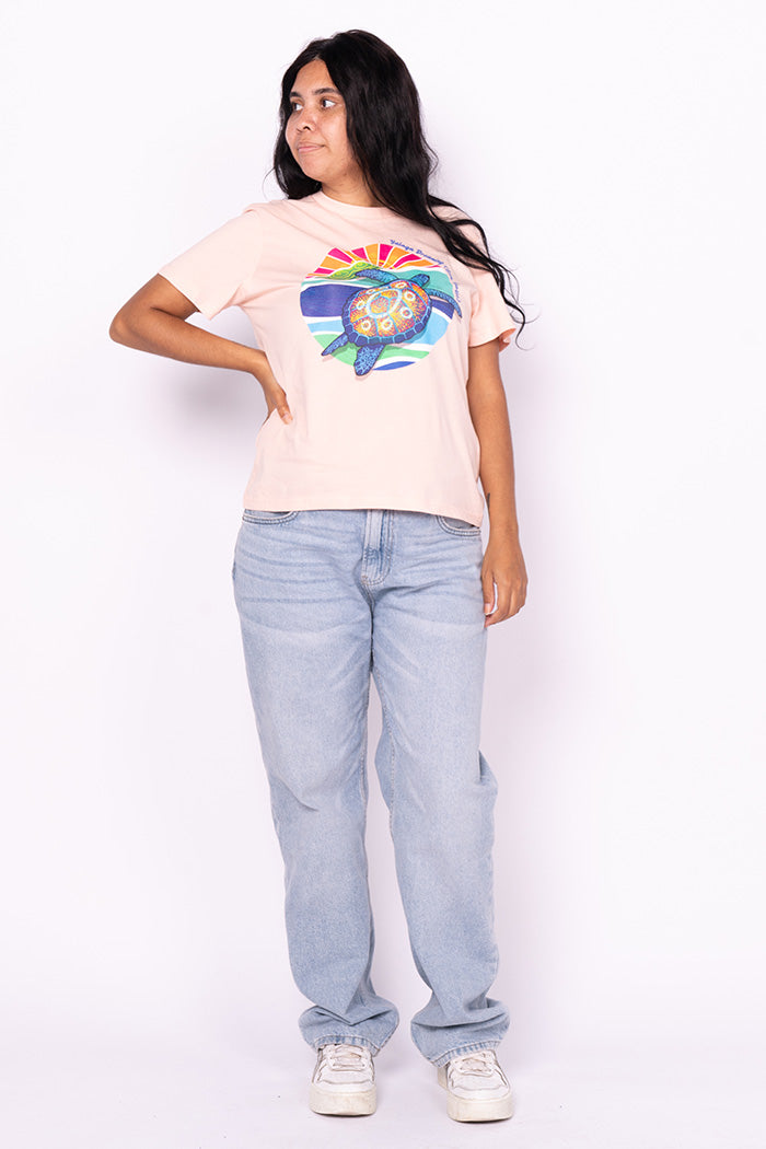Yalnga Dreaming (Sea Turtle) Pale Pink Cotton Crew Neck Women's T-Shirt