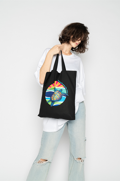 Yalnga Dreaming (Sea Turtle) Black Cotton Short Handle Tote Bag