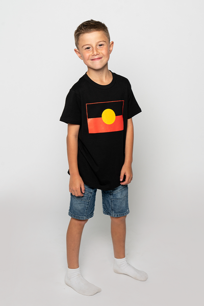 "Raise the Flag" Aboriginal Flag (Large) Black Cotton Crew Neck Kids T-Shirt