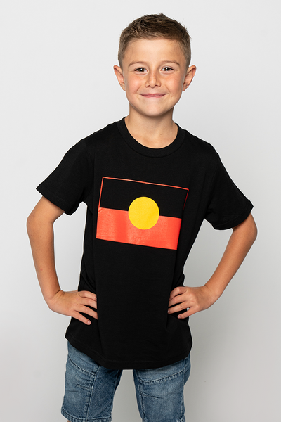 "Raise the Flag" Aboriginal Flag (Large) Black Cotton Crew Neck Kids T-Shirt