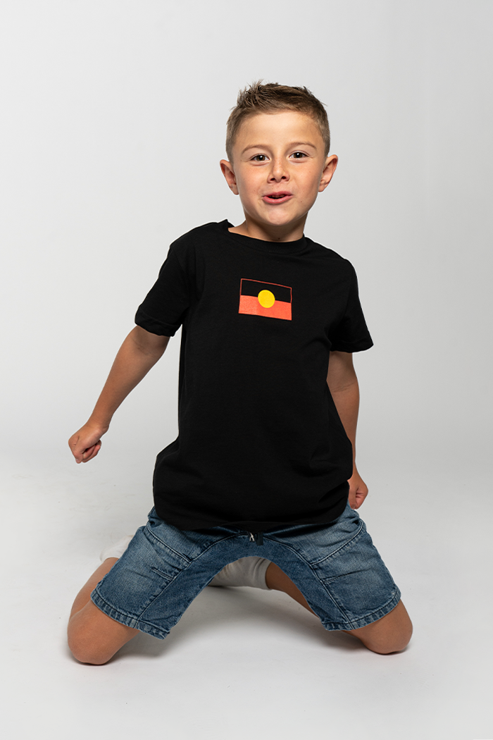 "Raise the Flag" Aboriginal Flag (Small) Black Cotton Crew Neck Kids T-Shirt