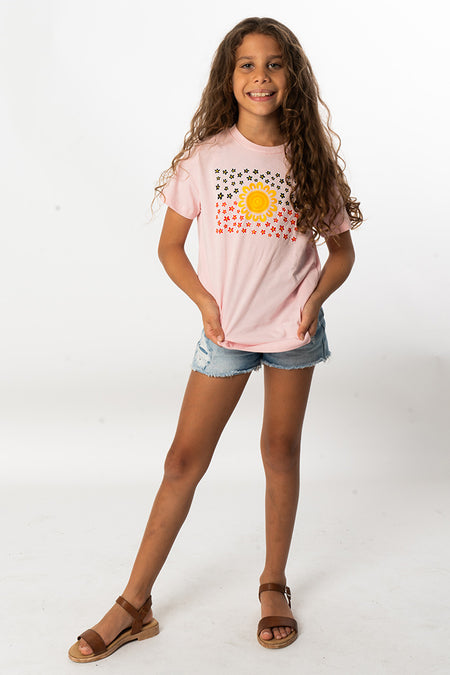 Wildflowers in the Sun Flag Pink Cotton Crew Neck Kids T-Shirt