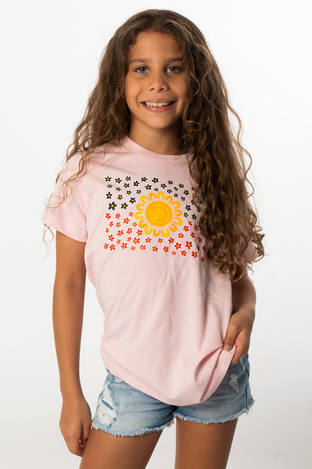 Wildflowers in the Sun Flag Pink Cotton Crew Neck Kids T-Shirt