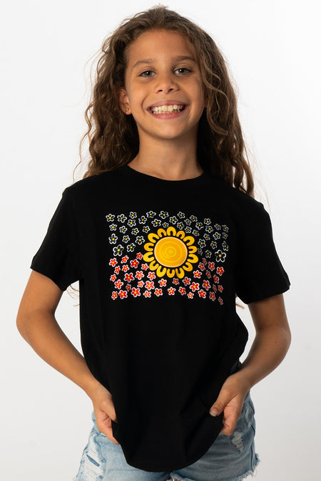 Wildflowers in the Sun Flag Black Cotton Crew Neck Kids T-Shirt