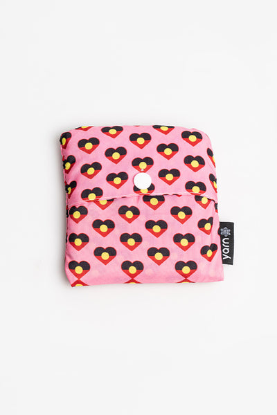 "Raise The Flag" Aboriginal Flag Pink Heart Print rPET Reusable Fold-Up Shopping Bag