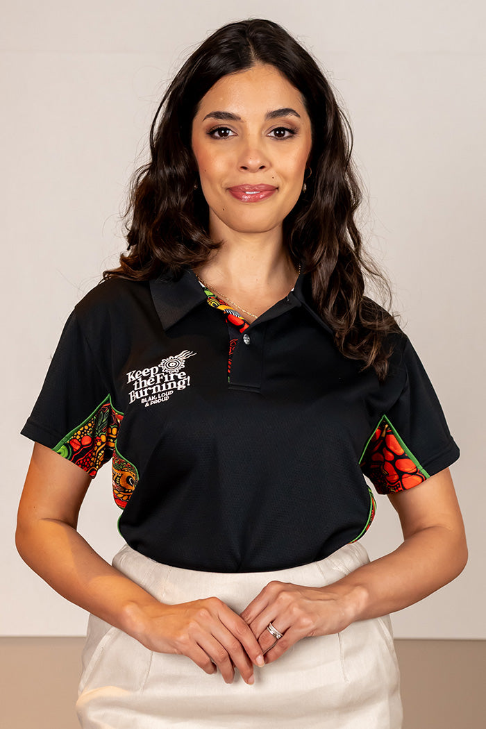 Proud & Deadly NAIDOC 2024 Black Bamboo (Simpson) Women's Fitted Polo Shirt