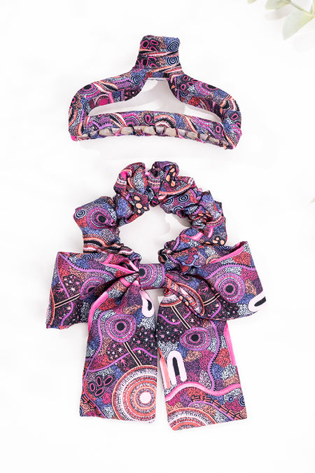 Pink Colours Bow Scrunchie & Curved Claw Clip