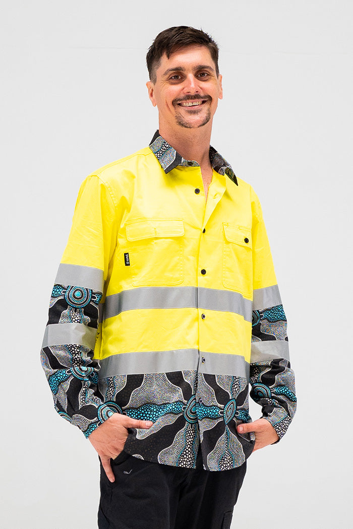 (Custom) Family High Vis Yellow 100% Cotton Drill Unisex Long Sleeve Work Shirt