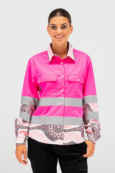 Boobie Sista High Vis Pink 100% Cotton Drill Women's Long Sleeve Work Shirt