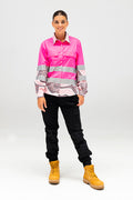 (Custom) Boobie Sista High Vis Pink 100% Cotton Drill Women's Long Sleeve Work Shirt