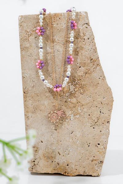 Keep The Fire Burning! NAIDOC 2024 Mauve & Pink Beaded Flower Pearl Layered Necklace