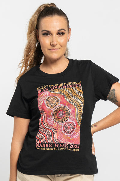 Eternal Flame NAIDOC 2024 Black Cotton Crew Neck Women’s T-Shirt