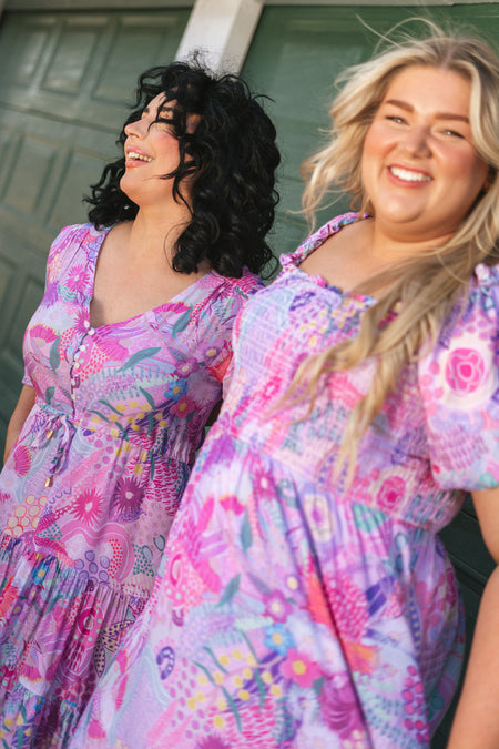 Flowers Along The River 100% Rayon Peasant Dress