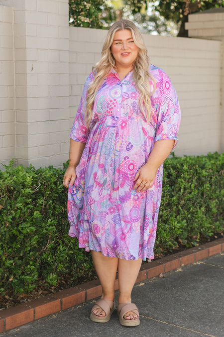 Flowers Along The River 100% Rayon Shirt Dress