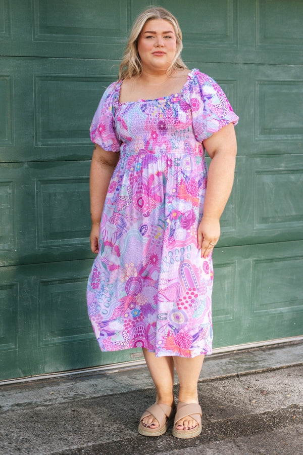 Flowers Along The River 100% Rayon Peasant Dress